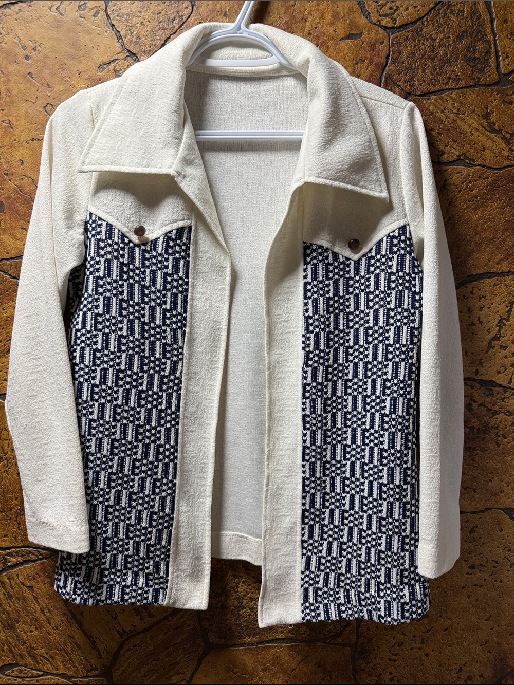 Cream Open-Front Blazer with Navy Geometric Panels